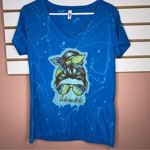 Women’s Custom Made Blue Bleached VNeck TShirt With Mom Bun Graphic Blessed XL